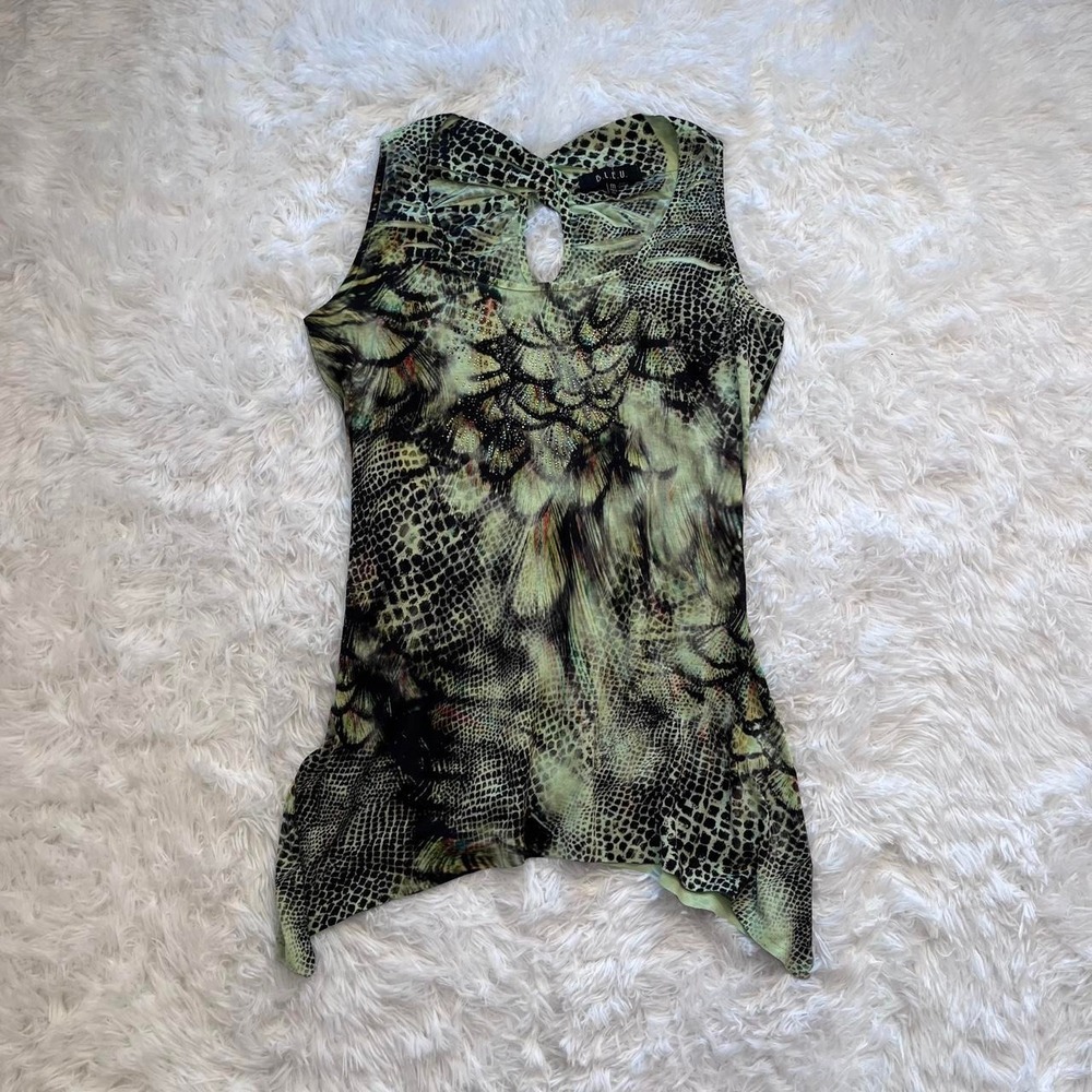Y2K Green Animal & Floral Print Baby Doll Rhinestone Asymetrical Hem Top Medium - Picture 1 of 8